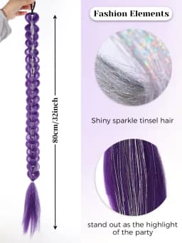 32inch Braided Purple Hair Ponytail with Tinsel Hair Wig Super Extensions Shiny Tinsel Hair for Kids Christmas Cosplay Rumi Hair