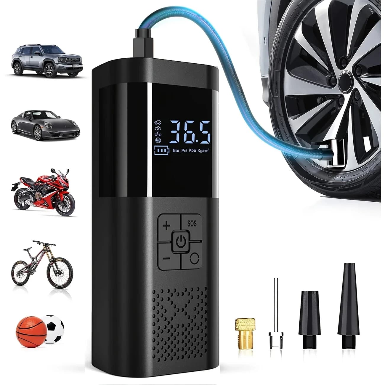 Portable Tire Inflator 150PSI, 3X Faster Wireless Air Pump, Digital Display, LED Light, USB Charging for Car, Moto, Bike, Ball