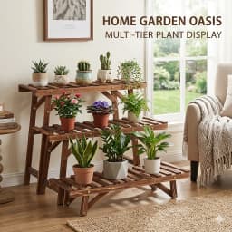 Wooden Plant Stands Set of 3, 70cm Wide Pine Wood Plant Shelves for Living Room and Balcony