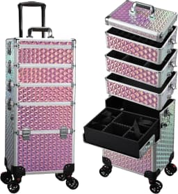 Professional Makeup Train Case on Wheels, Extra Large Cosmetic Case Rolling Makeup Case Trolley Makeup Organizer with Wheels
