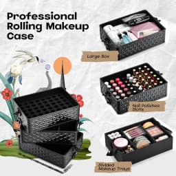 Professional Makeup Train Case on Wheels, Extra Large Cosmetic Case Rolling Makeup Case Trolley Makeup Organizer with Wheels