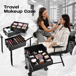 Professional Makeup Train Case on Wheels, Extra Large Cosmetic Case Rolling Makeup Case Trolley Makeup Organizer with Wheels
