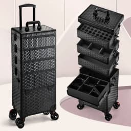 Professional Makeup Train Case on Wheels, Extra Large Cosmetic Case Rolling Makeup Case Trolley Makeup Organizer with Wheels