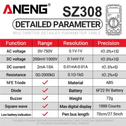 ANENG SZ308 Digital Multimeter   AC/DC Current Meter Voltage Resistance Meter Electrician LCD Screen Ohm Square Wave Test