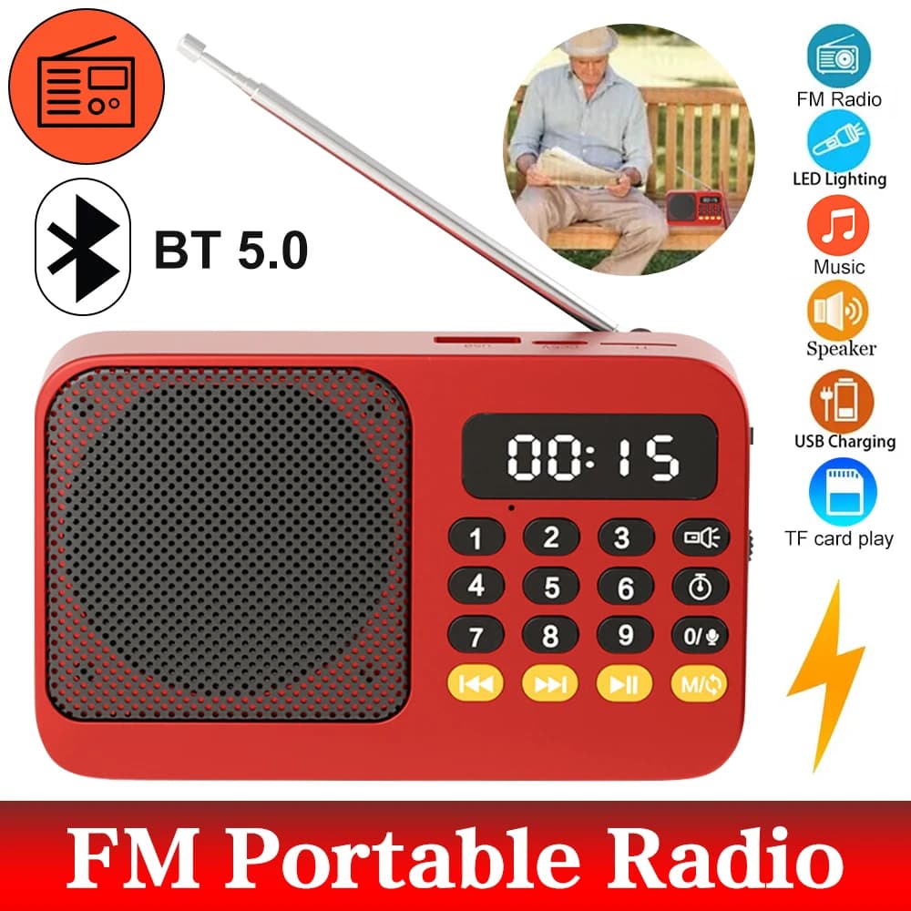 Bluetooth 5.0 Portable FM Radio Small Emergency Recargable Sound Box Mini Vintage Speaker Mp3 Player Support TF Card USB Drive