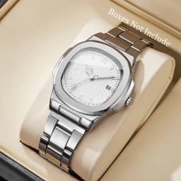 Luxury Men Business Watches Fashion Square Dial Stainless Steel Strap Quartz Watch with Calendar For Mens Clock(Without Box)