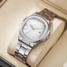 Luxury Men Business Watches Fashion Square Dial Stainless Steel Strap Quartz Watch with Calendar For Mens Clock(Without Box)