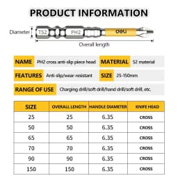 5PCS Upgraded High Hardness And Strong Magnetic Bit 25/50/65/70/90/150mm Non-slip Cross High Hardness Electric Hand Drill Screw