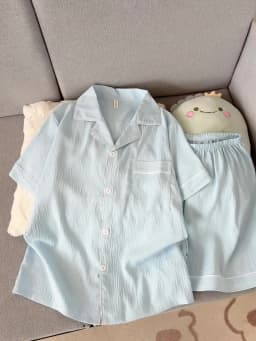 Youth Men's Slim Fit New Pajama Set Solid Color Short Sleeve Lapel Top and Elastic Shorts Pajamas Summer Loungewear Sleepwear