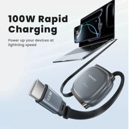 Toocki 100W Type C Retractable Cable For iphone 16 15 Pro Max Samsung Fast Charger Cable Mini Size 480Mbps Data Cable