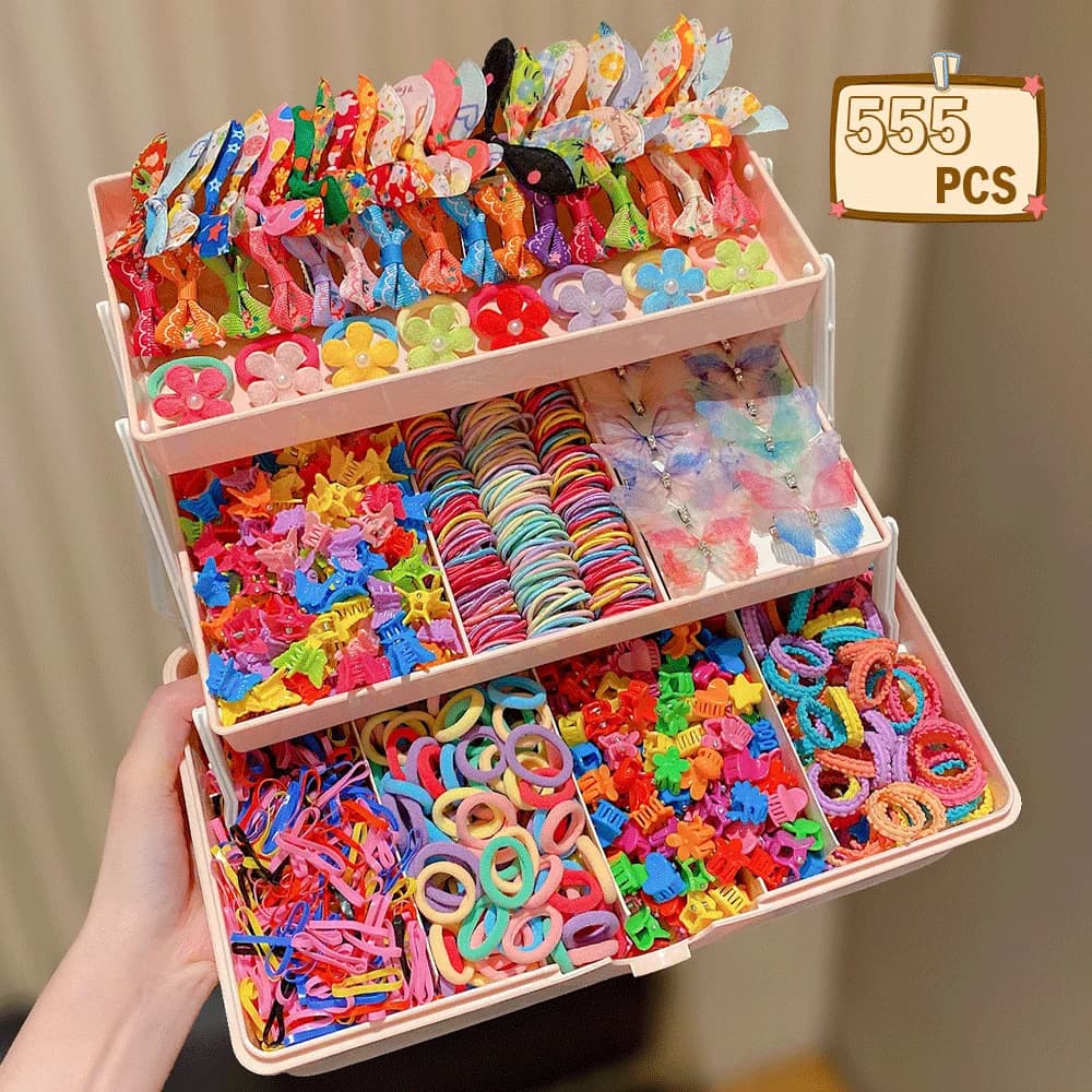 555pcs Girls Hair Accessories Set Colorful Butterfly Fashion Hair Clips Ties Elastic Bands for Daily Ponytail Fixation