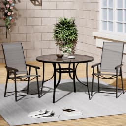 【Breeins】Outdoor Round Patio Table for Lawn Garden, All Weather Metal Black Round Patio Dining Table with Adjustable Umbrella