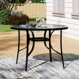 【Breeins】Outdoor Round Patio Table for Lawn Garden, All Weather Metal Black Round Patio Dining Table with Adjustable Umbrella
