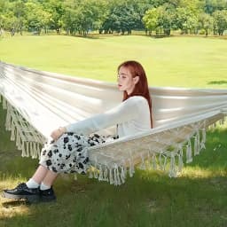 【Breeins】Tassel Hammock Outdoor Folding Camping Woven Canvas Swing Anti-rollover Portable Hanging Chair Yard Garden