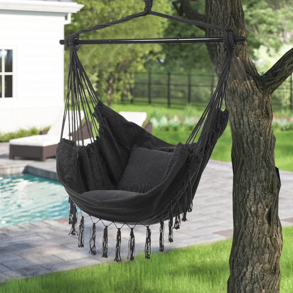 【Breeins】Tassel Hammock Outdoor Folding Camping Woven Canvas Swing Anti-rollover Portable Hanging Chair Yard Garden