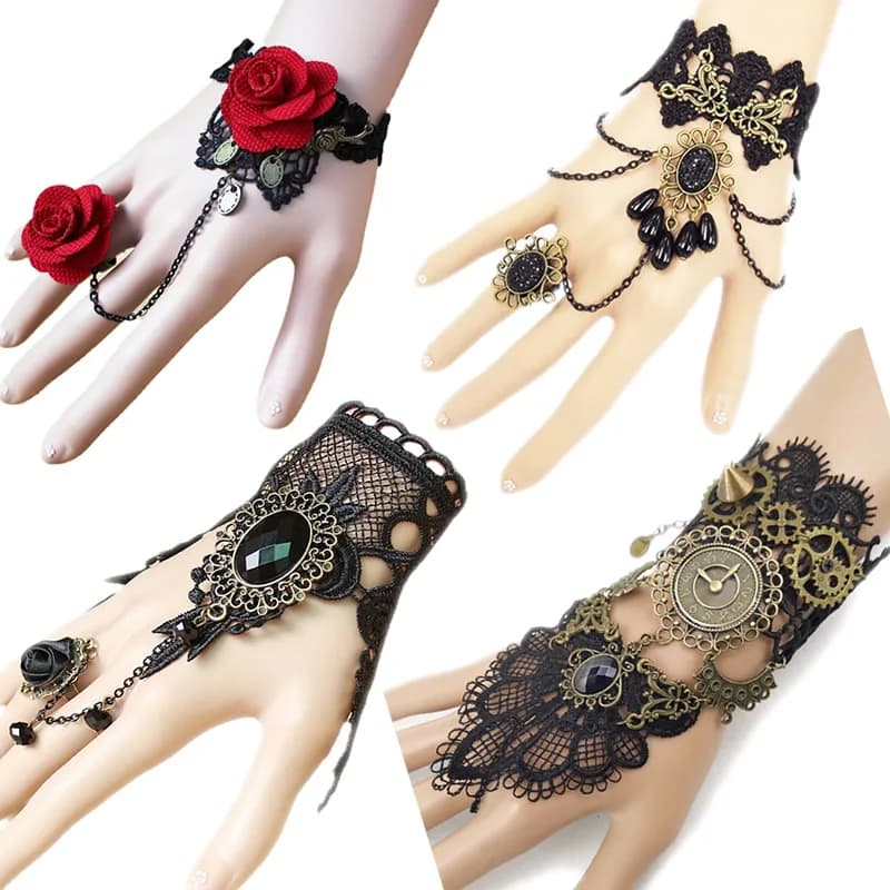 2026 New Model Gothic Steampunk Lace Cuff Fingerless Glove Arm Warmer Bracelet Black Halloween Accessories