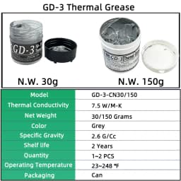 GD-3 Thermal Conductive Grease 7.5 W/M-K Net Weight 30/150 Grams Gray Paste Plaster Heat Sink Compound for Computer CPU GPU CN30