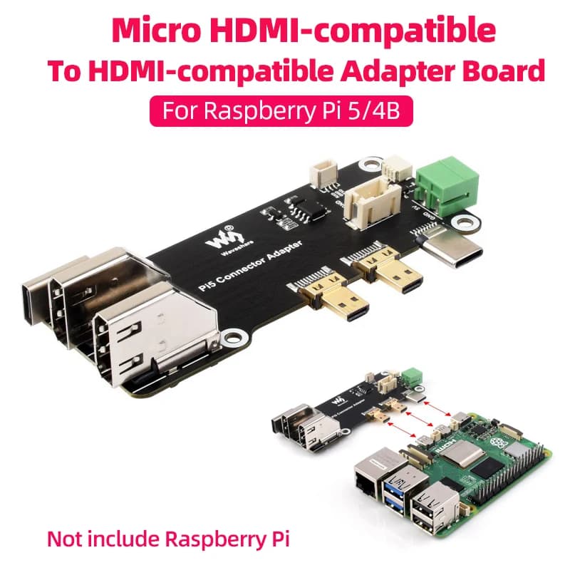 Micro HDMI-compatible to HDMI-c Multifunctional Adapter for Raspberry Pi 5 / 4B  Two Power Supply Methods Dual 4K Output