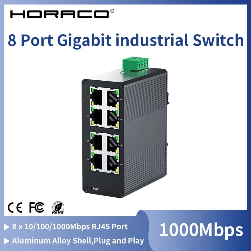 HORACO 8 Port Gigabit Industrial Switch 1000Mbps industry Network Ethernet Switch DIN Rail Mounted Plug and Play