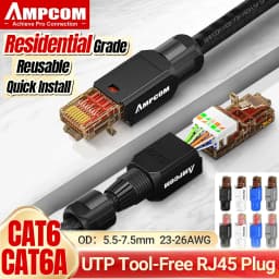 AMPCOM RJ45 Connector Tool Free CAT6A CAT6 10Gbps UTP Field Modular Plug Tool Free Ethernet Reusable Termination Lan Plugs
