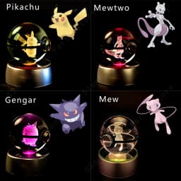 Pokemon Crystal Ball 3D Pikachu Gengar Mewtwo Night Light Lamp Pokeball 3D Glass Pokemon Crystal Ball Statue Kids Birthday Gift