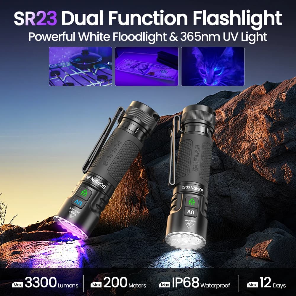 SOFIRN SR23 Flashlight EDC TN3535 3000LM 365nm UV SST08 USB-C 21700 Rechargeable Light With Dual Switch