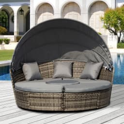 Outdoor Convertible Daybed, 4Pc Furniture Set, Sofa, Coffee Table, Chairs, Gray
