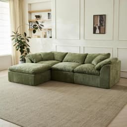 Modern Cloud L-Shaped 3-Seater Oversized Deep Seat Chenille Fabric Sofa Green Modular Sectional with Ottoman