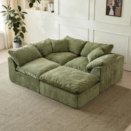 Modern Cloud L-Shaped 3-Seater Oversized Deep Seat Chenille Fabric Sofa Green Modular Sectional with Ottoman