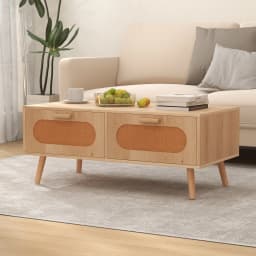 Rattan Coffee Table Mid Century Modern Center Table with 2 Storage Drawers
