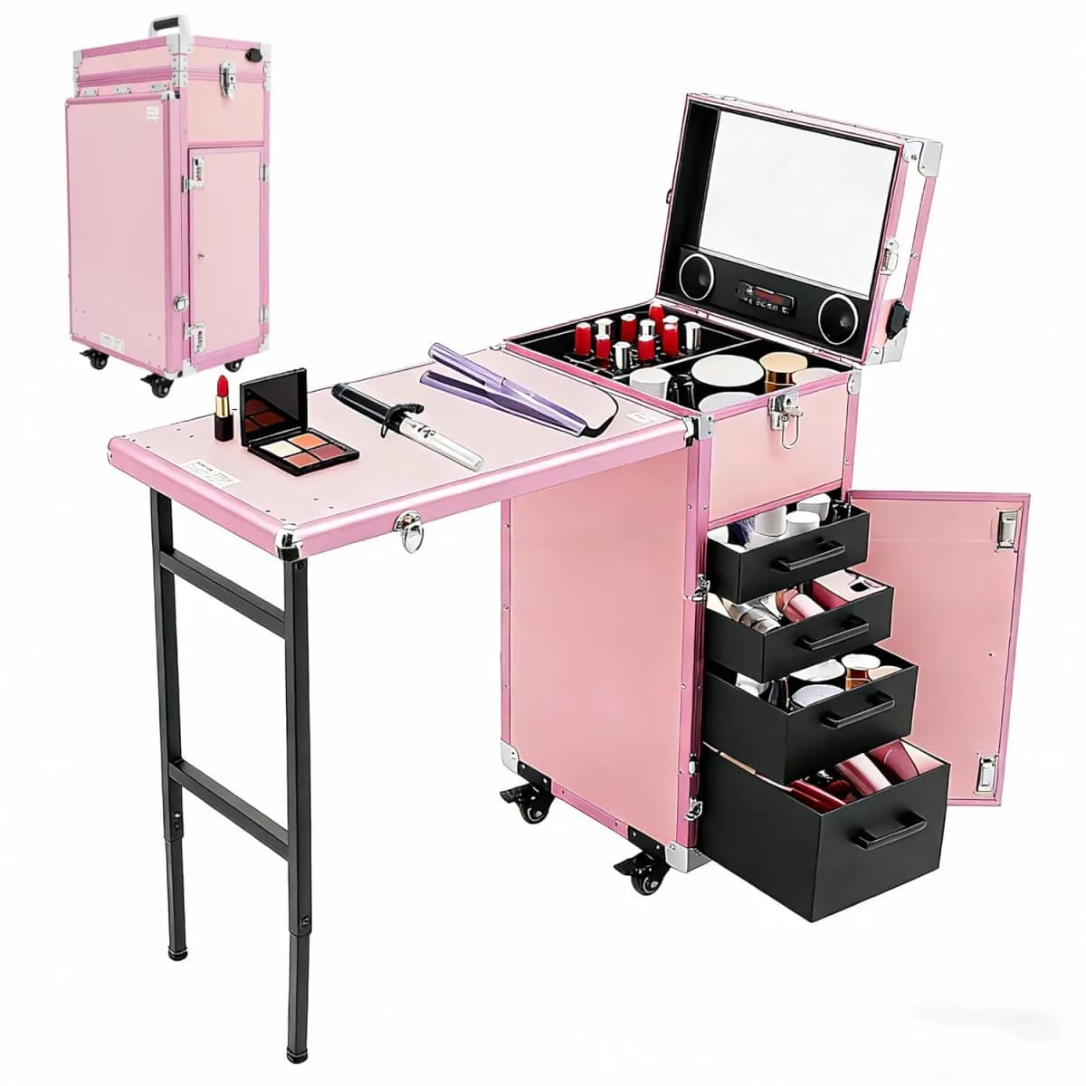 Portable Rolling Manicure Table for Nail Teach w/Audio, Professional Makeup Storage Manicure Dressing Table with, Customized