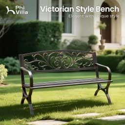 50in Cast Iron Steel Garden Bench Patio Chair w/Floral Backrest Slatted Seat Park Yard Porch Bronze, Customized
