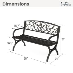 50in Cast Iron Steel Garden Bench Patio Chair w/Floral Backrest Slatted Seat Park Yard Porch Bronze, Customized