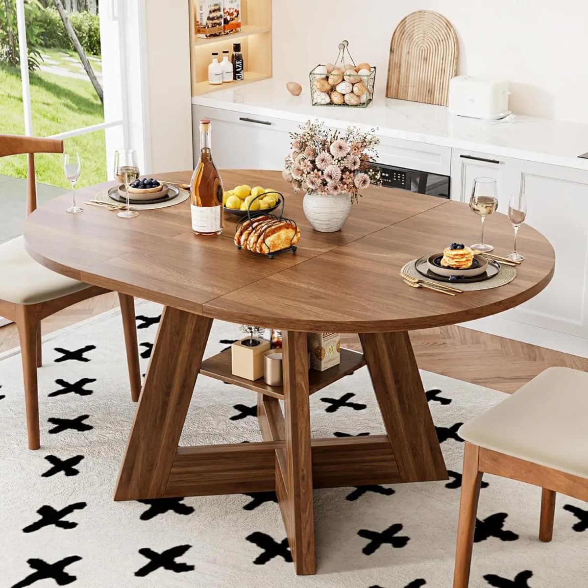 43.3in-59in Extendable Dining Table for 4-6, Round Kitchen Dining Room Table with Removable Leaves Space Saving, Customized