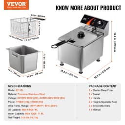 SucceBuy Commercial Deep Fryer Electric Countertop Fryer with Basket Stainless Steel Single Oil Fryer with Time & Temp Control