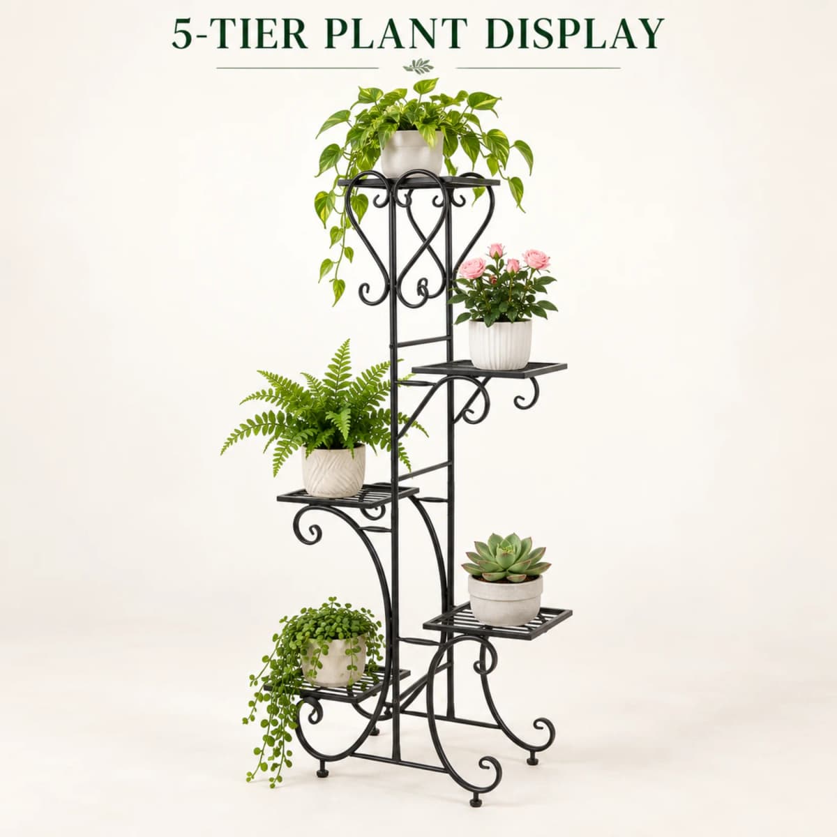 5 Tier Metal Plant Rack with Adjustable Feet, Space-Saving Vertical Flower Stand for Indoor and Sheltered Outdoor Use