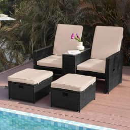 Patio Wicker Loveseat - Outdoor Rattan Sofa Set with Cushion - Adjustable Lounge Chair with Ottoman Footrest, Wicker Furniture