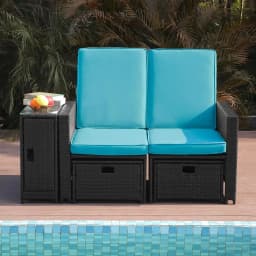 Patio Wicker Loveseat - Outdoor Rattan Sofa Set with Cushion - Adjustable Lounge Chair with Ottoman Footrest, Wicker Furniture