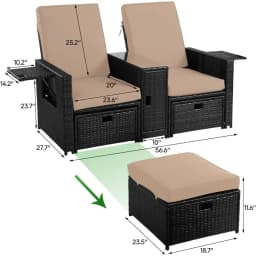Patio Wicker Loveseat - Outdoor Rattan Sofa Set with Cushion - Adjustable Lounge Chair with Ottoman Footrest, Wicker Furniture