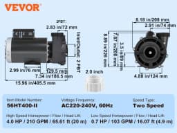 SucceBuy 2 Speed SPA Pump 48/56-Frame AC110-120V SPA Pump 1.5HP/3HP/4HP High Speed 2'' Port 90° Rotational Interface for Hot Tub