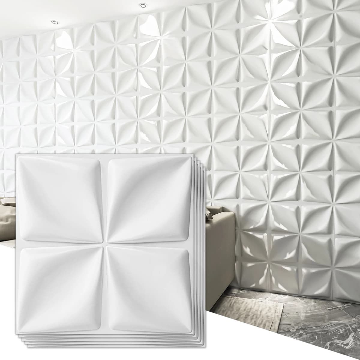 Art3d 3D Wall Panel PVC Flower Design for Interior Wall Décor in Living Room,Bedroom,19.7" x 19.7" (Pack Of 12),Black