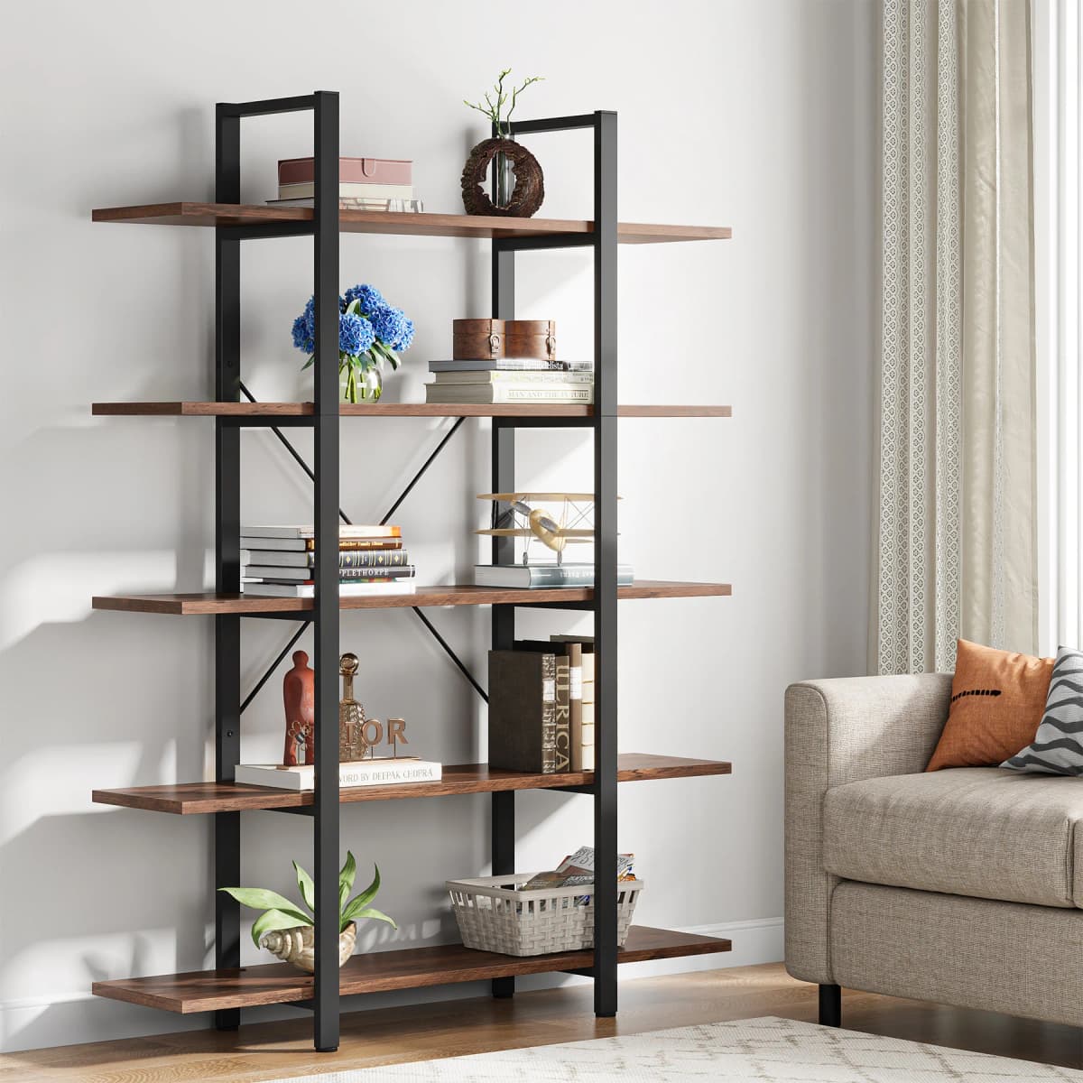 Tribesigns 5-Tier Bookshelf, Vintage Industrial Style Bookcase 72 H x 12 W x 47L Inches