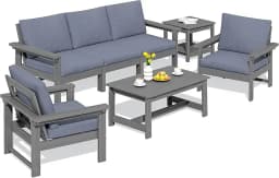 HDPE Patio Furniture Set, 7-Piece Outdoor Sectional Sofa Set, All Weather Outdoor Couch Set for Deck, Lawn, Grey Frame with Gre