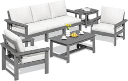 HDPE Patio Furniture Set, 7-Piece Outdoor Sectional Sofa Set, All Weather Outdoor Couch Set for Deck, Lawn, Grey Frame with Gre
