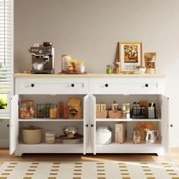 IRONCK Buffet Cabinet with Storage, Sideboard Storage Cabinet, Natural Wood, Kitchen Cabinet with Drawers & Doors, White