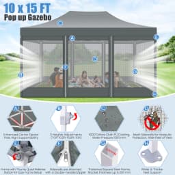 10x15 FT Heavy Duty Pop Up Canopy with 4 Sidewalls, Commercial Gazebo Party Tent with Mosquito Netting Wall Easy Set Up Outdoor Frame Steel