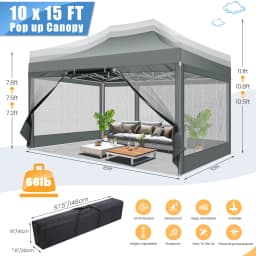 10x15 FT Heavy Duty Pop Up Canopy with 4 Sidewalls, Commercial Gazebo Party Tent with Mosquito Netting Wall Easy Set Up Outdoor Frame Steel