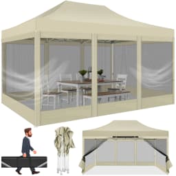 10x15 FT Heavy Duty Pop Up Canopy with 4 Sidewalls, Commercial Gazebo Party Tent with Mosquito Netting Wall Easy Set Up Outdoor Frame Steel