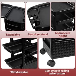 5-Tier Black Salon Hairdressing Rolling Cart with Wheels – Mobile Storage Trolley for Cosmetology, Makeup, Nail Supplies