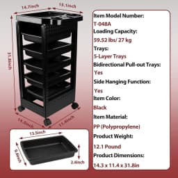 5-Tier Black Salon Hairdressing Rolling Cart with Wheels – Mobile Storage Trolley for Cosmetology, Makeup, Nail Supplies